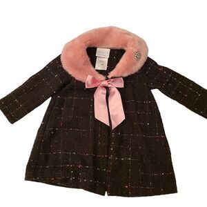 Iris & Ivy Baby Coat Black Tweed Faux Fur Collar Big Bow Infant Size 12 Months